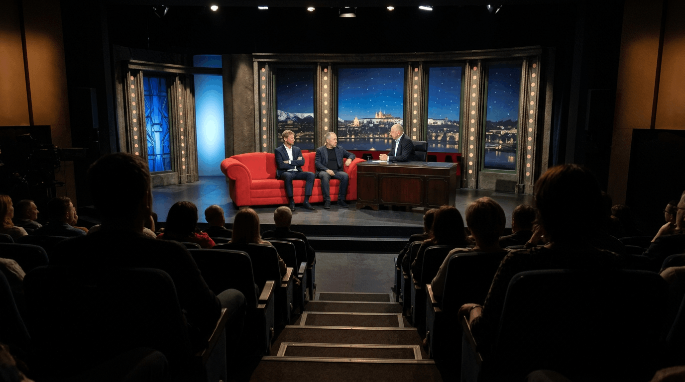 Pohled z hlediště na připravené rozhovorové studio